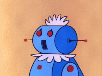 Blue Cartoon Robot With Red Eyes And White Collar GIF