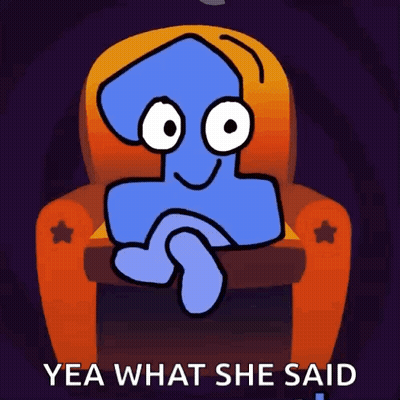 Blue Cartoon Sitting In Orange Chair Saying Yea What She Said GIF