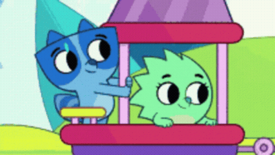 Blue Cat And Green Hedgehog In Pink House GIF