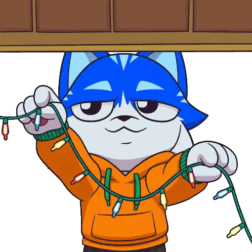 Blue Cat Holding Christmas Lights Sticker