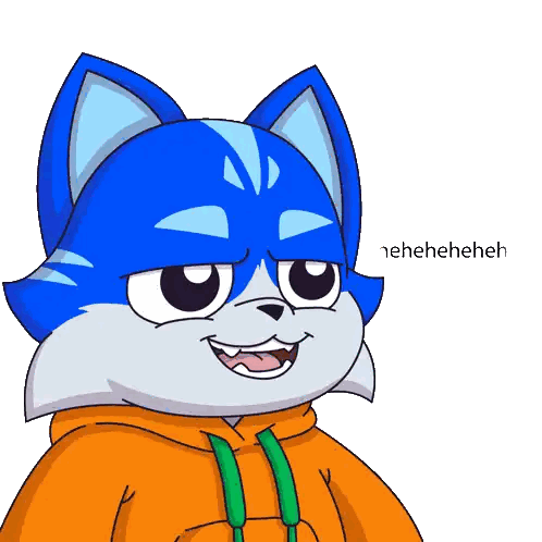 Blue Cat In Orange Hoodie Saying Neheheheheh Sticker