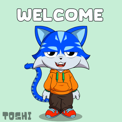 Blue Cat Saying Welcome On Green Background GIF