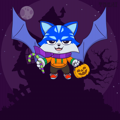 Blue Cat With Bat Wings Holding Pumpkin And Candy GIF
