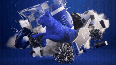 Blue Cheerleader Surrounded By Football And Flag With Letter H GIF