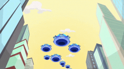 Blue Circles Flying Over City GIF
