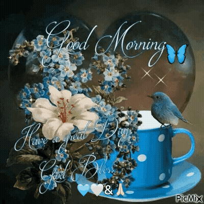 Blue Coffee Cup With Flowers And Bird GIF