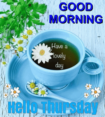 Blue Cup Of Tea With Flower Saying Good Morning Have A Lovely Day GIF