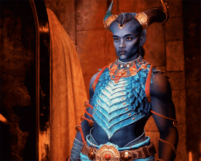 Blue Demon With Horns Standing In Front Of Door GIF