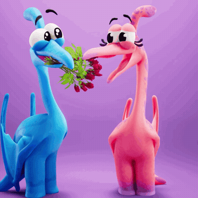 Blue Dinosaur Giving Pink Dinosaur Flowers GIF