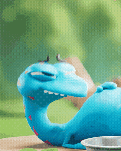 Blue Dinosaur Lying Next To Food Bowl GIF