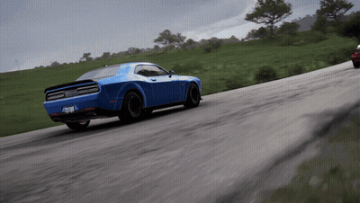 Blue Dodge Challenger Driving Next To Red Car GIF