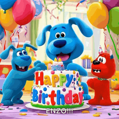 Blue Dog And Two Red Dogs Around Happy Birthday Enzo Cake GIF