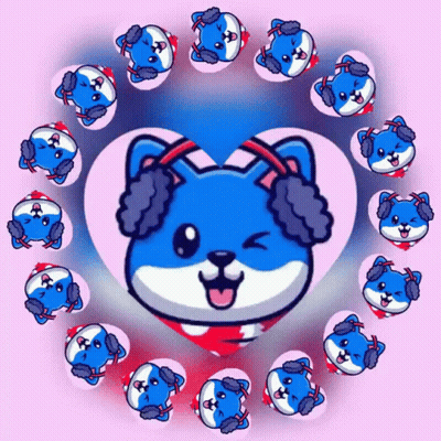 Blue Dog With Ear Muffs And Pink Circles GIF