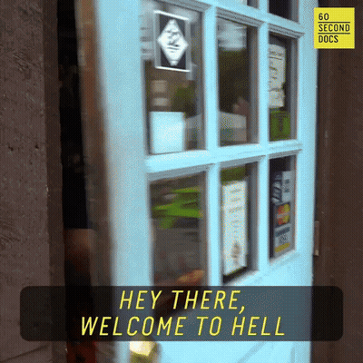 Blue Door Saying Hey There Welcome To Hell GIF