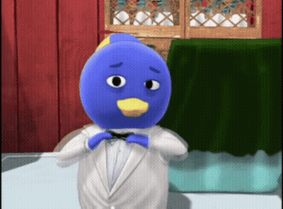 Blue Duck In White Tuxedo Adjusting Bow Tie GIF