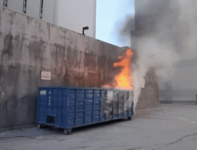 Blue Dumpster On Fire With No Parking Sign GIF