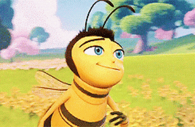 Blue-Eyed Cartoon Bee In Field With Trees GIF