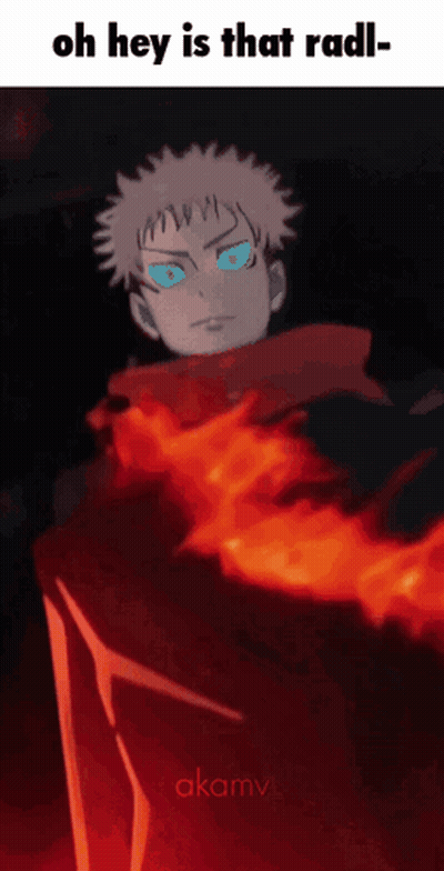 Blue-Eyed Cartoon In Flames Saying Oh Hey Is That Radl GIF