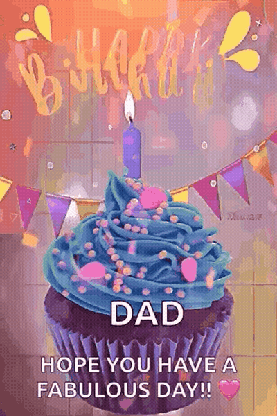 Blue Frosted Cupcake With Candle On Dad Birthday Card GIF
