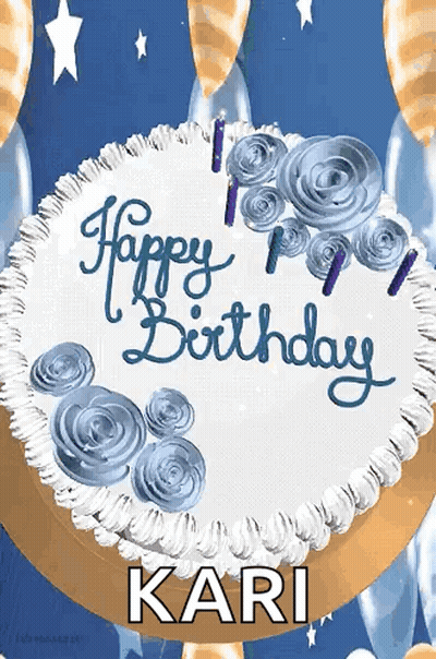 Blue Frosting Birthday Cake Saying Happy Birthday Kari GIF