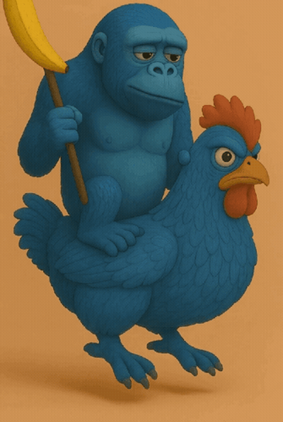 Blue Gorilla Holding Banana Riding Blue Chicken GIF