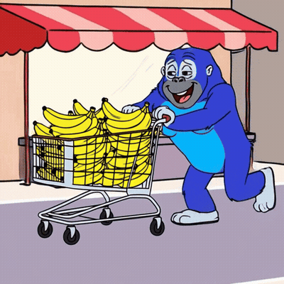 Blue Gorilla Pushing Cart Full Of Bananas GIF