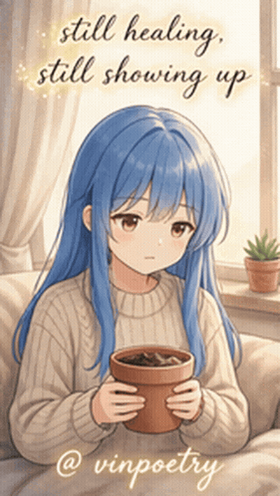 Blue Hair Girl Holding Potted Plant Still Healing Still Showing Up GIF