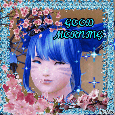 Blue Hair Girl Surrounded By Flowers Good Morning GIF