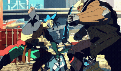 Blue Hair Man Fighting Another Man In Front Of I Can Sign GIF