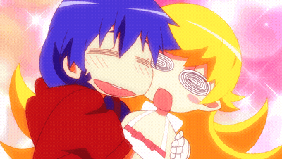 Blue Haired Anime Character Kissing Yellow Haired Girl GIF