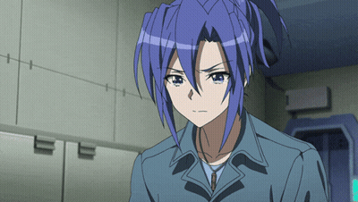 Blue-Haired Anime Character Ponytail Looking At Camera GIF