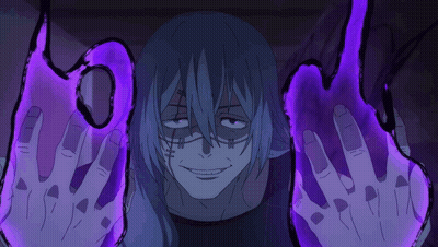 Blue Haired Anime Character With Purple Glowing Hands Smiling GIF