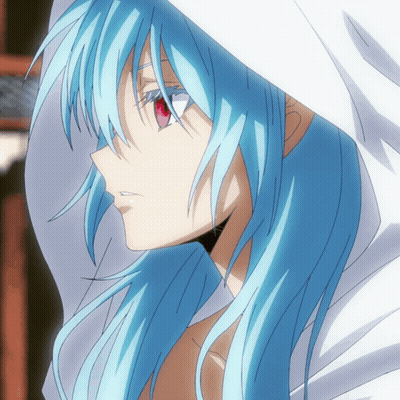 Blue Haired Anime Character With Red Eyes And White Hood GIF