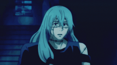 Blue Haired Anime Character With Stitches On Arms GIF