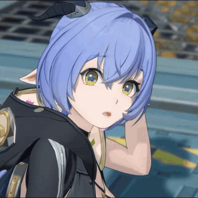 Blue Haired Anime Girl With Horns Looking At Camera GIF