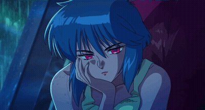 Blue Haired Anime Girl With Red Eyes Resting Face On Hand GIF