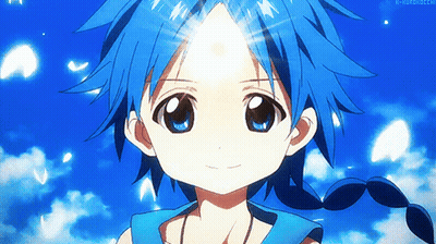 Blue-Haired Boy Smiling In Blue Sky GIF