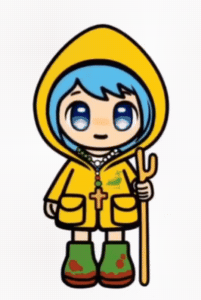 Blue-Haired Cartoon Character In Yellow Raincoat Holding Trident GIF