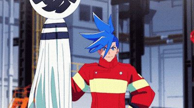 Blue Haired Cartoon Character Next To White Statue GIF