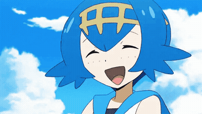 Blue-Haired Cartoon Character Smiling In Blue Sky GIF