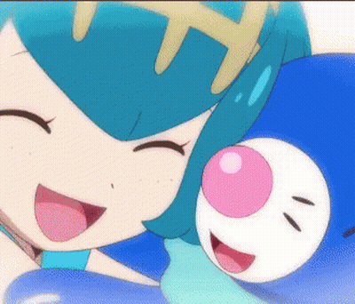 Blue-Haired Cartoon Smiling Next To White Ball With Pink Nose GIF