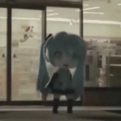 Blue-Haired Doll At Store Door GIF