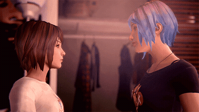 Blue-Haired Girl And Brown-Haired Girl Looking At Each Other GIF