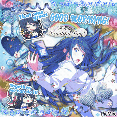 Blue-Haired Girl Holding Phone Saying Good Morning GIF