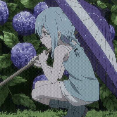 Blue Haired Girl Holding Purple And White Umbrella GIF
