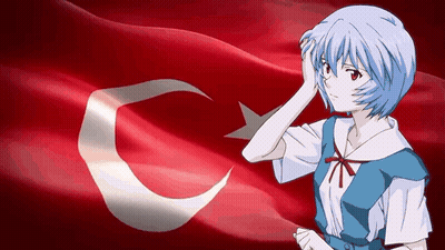 Blue-Haired Girl In Front Of Red Flag GIF