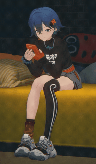 Blue-Haired Girl On Yellow Couch Holding Controller GIF