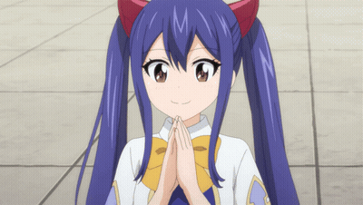 Blue Haired Girl Red Ears Smiling Hands Folded GIF