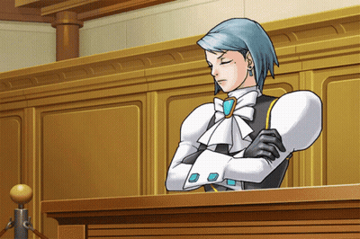 Blue-Haired Man At Podium Arms Crossed GIF