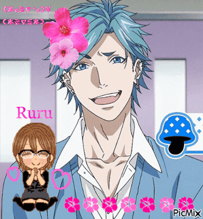 Blue Haired Man With Pink Flower And Ruru GIF